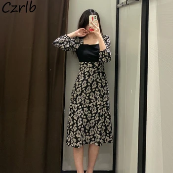 Женское винтажное платье с длинным рукавом, персональная французская версия, пэчворк, Новейшая Элегантная цветочная Классическая вечеринка, Весна, BF Empire, до середины икры