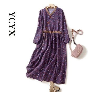 Женское платье с длинными рукавами из хлопка и льна YCYX в стиле ретро с художественным принтом, vestidos de mujer casual baratos