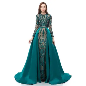 Зеленое вечернее платье с круглым вырезом и длинными рукавами, расшитое блестками, Эластичное бальное платье в пол со съемным шлейфом Бордового цвета