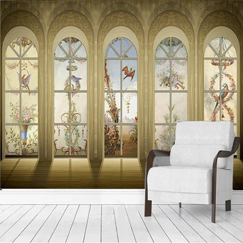 Изготовленная на заказ фреска Papel De Parede Европейское ретро Цветочное окно 3D Обои на стену Ткань Гостиная телевизор Диван Фон Домашний декор