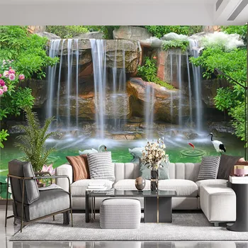 Изготовленная на заказ фреска с водопадом и лотосом красивый природный пейзаж лесная водная декоративная роспись домашний декор дерево 3D обои