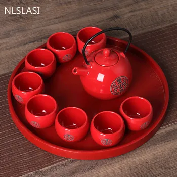 Китайский традиционный свадебный керамический чайный сервиз Ретро красный чайник двойного счастья чайная чашка подарок молодоженам Свадебные принадлежности NLSLASI