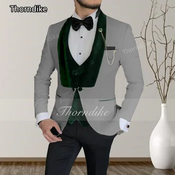 Классический серый мужской костюм Thorndike 2023, темно-зеленый жилет Vvelvet С лацканами, лучший мужской костюм повседневного покроя (куртка + Жилет + брюки)