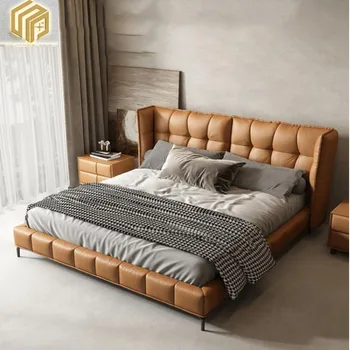 Кожаная кровать в спальне роскошная современная простая домашняя мастер-двуспальная кровать на заказ