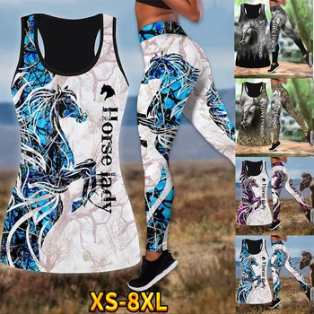Комбинированные леггинсы-майки с 3D принтом Love Horse, штаны для йоги и полая майка, женские спортивные жилетки, костюм для отдыха XS-8XL