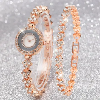 комплект из 2 предметов, роскошные модные женские часы с ремешком из сплава, женские кварцевые наручные часы с браслетом из сплава со стразами