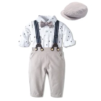 Комплект одежды для мальчика-джентльмена со шляпой-бантом, хлопковое весенне-осеннее боди с принтом для малышей, платье для младенцев