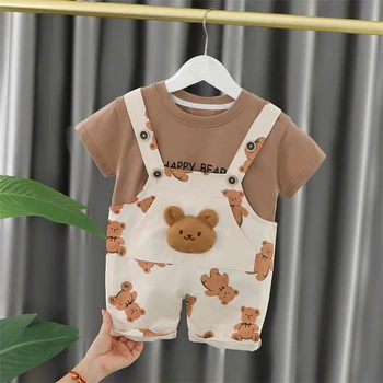 Комплекты детской одежды, летние футболки с короткими рукавами для маленьких девочек и мальчиков, одежда для младенцев, детская повседневная спортивная одежда с мультяшным медведем