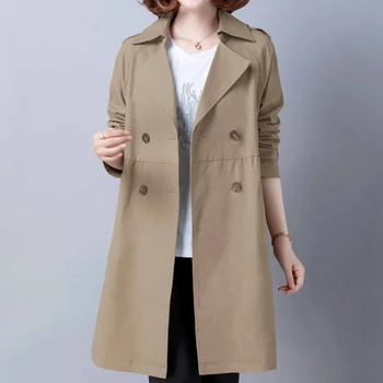Корейская весна и осень 2023, Новое пальто, женская ветровка средней длины, Свободная двубортная ветрозащитная женская одежда цвета хаки