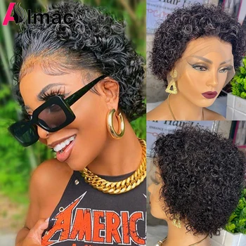 Короткие вьющиеся парики на кружеве Almac 13x1, Бразильские вьющиеся парики из человеческих волос, прозрачный кружевной парик с вырезом пикси для чернокожих женщин, предварительно выщипанный