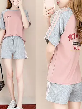 Костюм с шортами, женский летний корейский вариант, спортивный топ для бега с короткими рукавами, свободная модная повседневная спортивная одежда, комплект из двух предметов для женщин