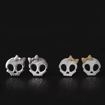 Крошечные серьги-гвоздики с бантиком и черепом из натурального серебра 925 пробы, двухцветные ювелирные украшения для женщин