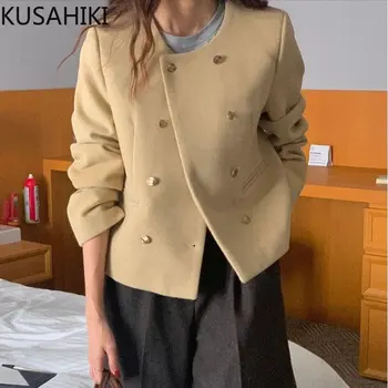 КУСАХИКИ, элегантное двубортное шерстяное пальто, женская осенне-зимняя новая элегантная куртка с круглым вырезом, короткая верхняя одежда в корейском стиле
