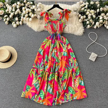 Летнее винтажное платье во французском стиле со свисающим ремешком, Платье с фрагментированным цветочным рисунком, завернутое в талию, Праздничное чаепитие, Длинная юбка
