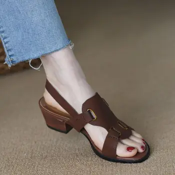 Летние босоножки с пряжкой на массивном каблуке, ретро-сандалии с открытым носком, Женская обувь из натуральной коровьей кожи на каблуке 4 см, женская обувь в римском стиле