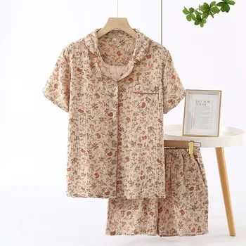 Летний Новый женский пижамный комплект из 100% хлопка, шорты из крепа с коротким рукавом, комплект свободной домашней одежды Rose Garden из двух частей, пижамы для сна