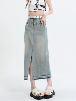 Летняя винтажная джинсовая женская юбка трапециевидной формы с разрезом и высокой талией GUUZYUVIZ