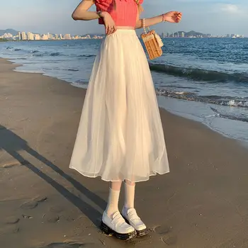 Летняя женская юбка принцессы в корейском стиле с высокой талией, Черная, Белая, Розовая, Зеленая сетчатая юбка, милая Кавайная милая Универсальная женственная юбка