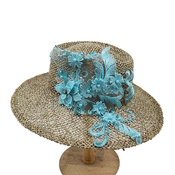 Летняя соломенная шляпа ручной работы из натурального рассола, шляпа с плоским верхом, женская соломенная шляпа с цветочной вышивкой, Французская пляжная шляпа