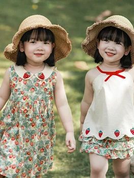 Летняя футболка для девочек 2023 года, новая юбка с цветочным рисунком, платье с кукольным вырезом, детские шорты с коротким рукавом, костюм, платья, Одежда для маленьких девочек