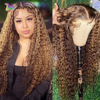 Медово-русый парик с изюминкой из вьющихся волос на кружеве, предварительно выщипанные парики из бразильских человеческих волос на кружеве для женщин, Вьющиеся парики из человеческих волос на кружеве