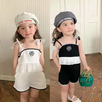 Милый Костюм-двойка для маленьких девочек 2023 года, комплект детской одежды, включающий подтяжки + шорты