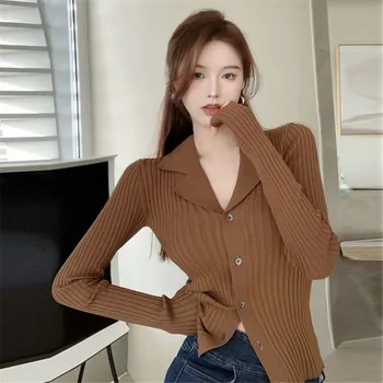 Модная весенняя вязаная верхняя одежда в корейском стиле, Сексуальный свитер с длинным рукавом, Новый простой повседневный винтажный кардиган, Женские облегающие топы
