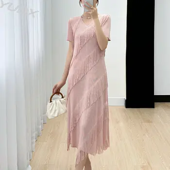 Модная юбка с кисточками в складку Miyake, Женская Летняя Новинка 2023, Высококачественное Удобное платье с V-образным вырезом и короткими рукавами в нишевом дизайне