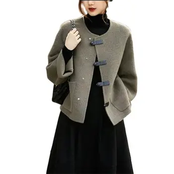 Модное дизайнерское женское шерстяное пальто, верхняя одежда, Новинка 2023 года, весна-осень, свободная Тонкая Корейская повседневная куртка с круглым вырезом, топы женские