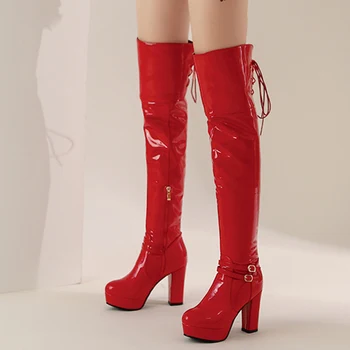 Модные сапоги до бедра, женские сапоги выше колена на платформе, осень-зима, сексуальные фетишистские красные Белые туфли большого размера