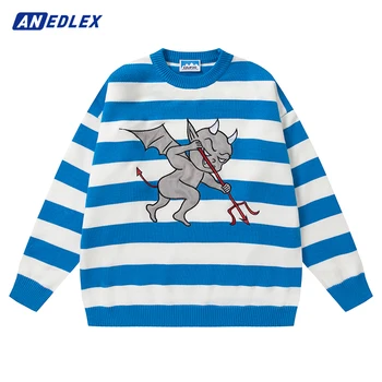 Модный свитер в полоску в стиле хип-хоп, уличная одежда, вязаный свитер с графической вышивкой Little Devil, мужской осенний повседневный хлопковый пуловер