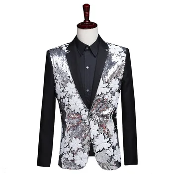 Мужская классическая черно-белая блуза с цветочными блестками Masculino Певец, ведущий танцевальной сцены, одежда для выступлений, блузон homme 2023