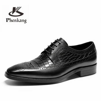 Мужская официальная обувь Оксфорды из натуральной кожи для мужчин, нарядные свадебные мужские броги, офисная обувь на шнуровке, мужская обувь 2020