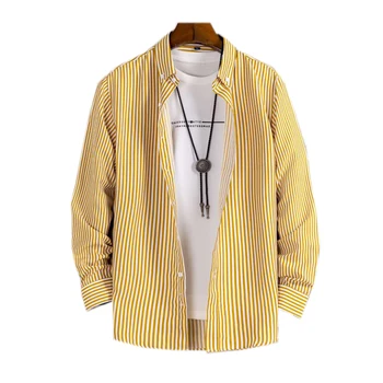 Мужская повседневная рубашка в желтую полоску в корейском стиле Весна-лето с длинным рукавом из 100% полиэстера TPR10