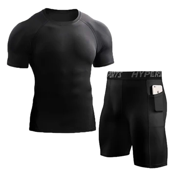 Мужской спортивный костюм, летние компрессионные футболки + короткая спортивная одежда, одежда для фитнеса, тренировочные колготки, комплекты для бега, мужские комплекты для бега