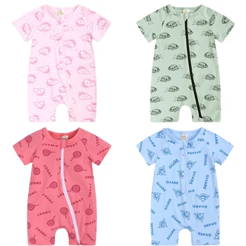 Мультяшный Летний детский комбинезон на молнии для новорожденных, хлопковая одежда с коротким рукавом для мальчиков и девочек, Одежда для малышей 0-24 м, боди 2022 года для младенцев
