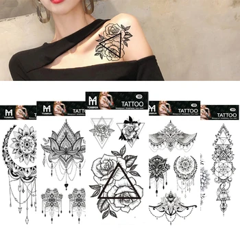 Наклейка с временной татуировкой в виде черного цветка, водонепроницаемая красота, Кружевная Женская татуировка в виде кошки, 3D Татуировка на теле девушки