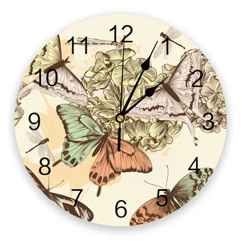 Настенные часы с рисунком Бабочки и Стрекозы в спальне, Большие Современные Кухонные Обеденные Круглые Настенные часы, Часы для гостиной, Домашний Декор