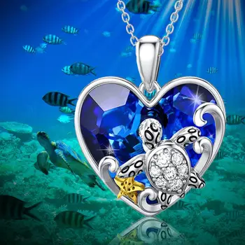Нежное модное ожерелье с подвеской в виде сердца, черепахи и морской звезды, ожерелье с голубым кристаллом, камень для рождения девушки для жены, подруги V