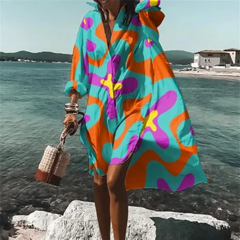 Новая женская повседневная модная накидка для пляжного отдыха Fower rint, женский воротник рубашки, купальник, пуловер, одежда y2k