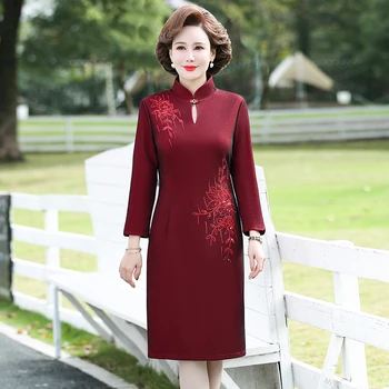 Новое женское осеннее элегантное платье трапециевидной формы в китайском стиле cheongsam, офисное женское платье с вышивкой и цветами, винтажная дизайнерская вечеринка