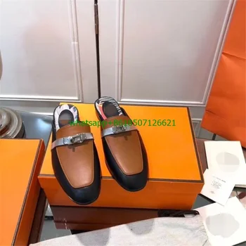 Новые кожаные тапочки Muller на низком каблуке с круглым носком и металлической пряжкой, босоножки на шнуровке, женская повседневная обувь больших размеров