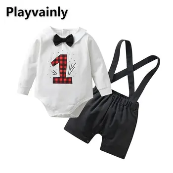 Новые летние комплекты для маленьких мальчиков С длинными рукавами и круглым вырезом, боди с галстуком-бабочкой и принтом + Повседневный комбинезон, шорты-слинг, Одежда для новорожденных джентльменов E3458
