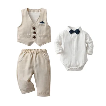 Одежда для маленьких мальчиков Весенне-осенний костюм джентльмена на день рождения, жилет для новорожденных, рубашка и брюки для девочек, детский