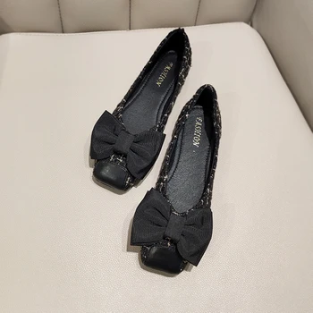 Одиночные туфли на плоской подошве с мелким носком и квадратной головкой Лоферы С бантиком Черные Балетки с мягкой подошвой Роскошная женская обувь