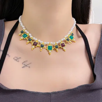 Оригинальное качественное жемчужно-зеленое ожерелье из бисера для женщин, роскошное брендовое квадратное акриловое ожерелье с цепочкой на ключицу, вечерние украшения Z712