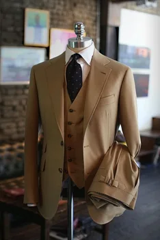 Официальный деловой костюм Цвета Хаки, коричневые мужские костюмы, 3 предмета, новейшие дизайнерские свадебные мужские костюмы, повседневная Стильная приталенная посадка, Terno