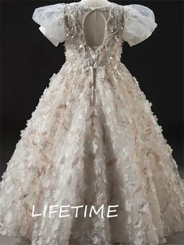 Платье с аппликацией для девочек в цветочек длиной до пола, пушистая пряжа, кружево, тюль, короткий рукав, украшение на шее, праздничный костюм принцессы, Свадебное платье для выпускного вечера