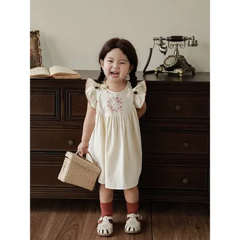 Платье с цветочным принтом в виде кролика для девочек, детское Корейское платье принцессы с летящими рукавами, тонкое Летнее Детское платье принцессы