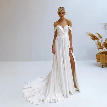 Простые атласные свадебные платья с высоким разрезом, открытыми плечами, А-образный шлейф, свадебное платье длиной до пола, V-образный вырез, складка, большие размеры, Vestidos